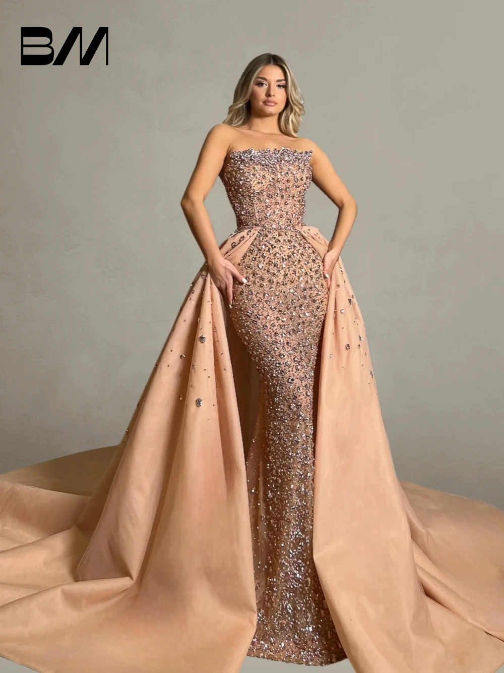 

Stunning 2-pieces Strapless Evening Dress Luxurious Crystals Prom Gown Customized Party Birthday Celebrity Formal Events Wear