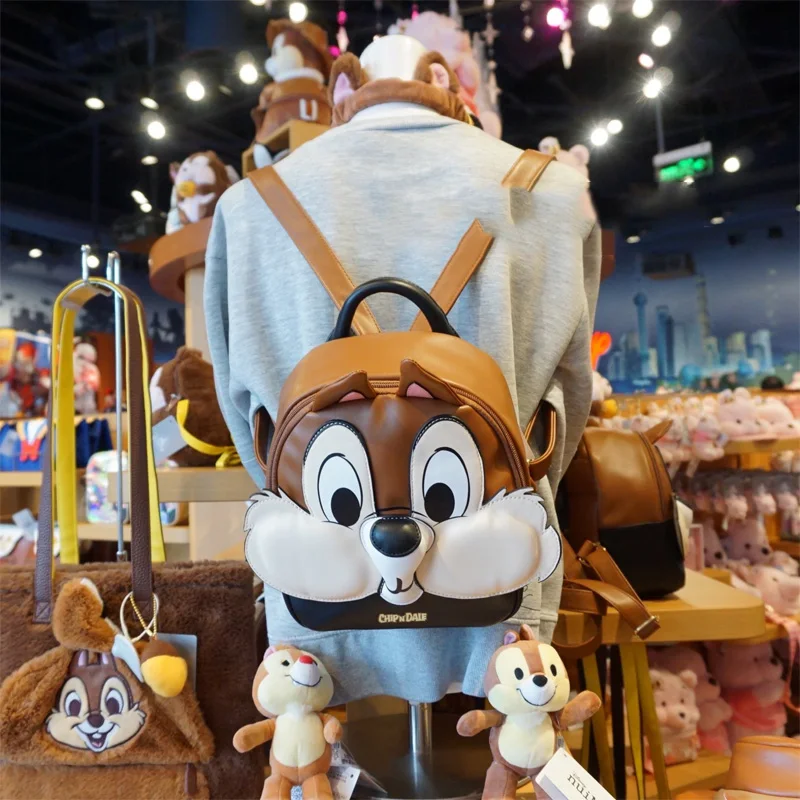 Disney Backpack Shanghai Disneyland Chip Squirrel Brown PU Leather Fashion Casual Adult/Child Backpack Cartoon Girls Schoolbag