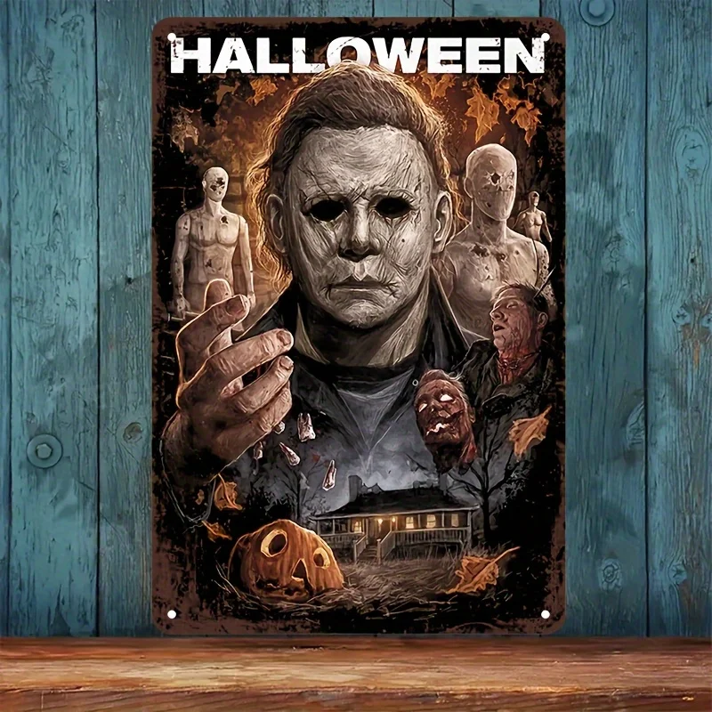 [JIT] Halloween Metal Sign - Michael Myers Horror Artwork Aluminum Wall Decor , Spooky Home Bedroom Garage Boys' Room Decor, No
