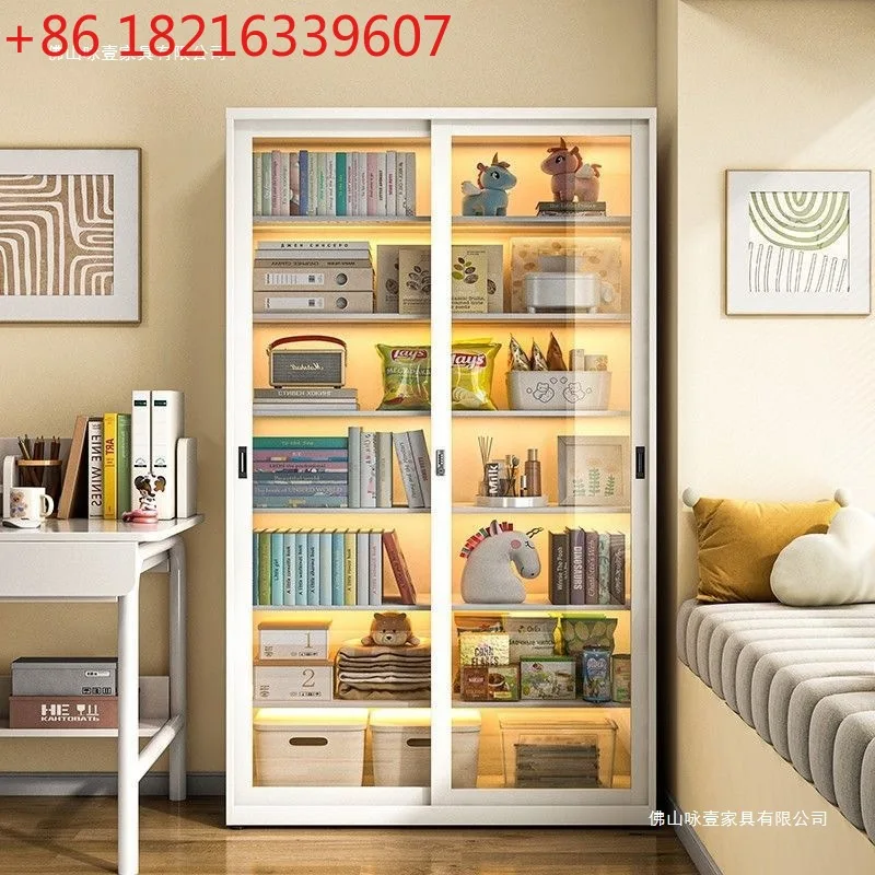 ตู้หนังสือบานเลื่อน ตู้โชว์บานเลื่อนพร้อมกุญแจ ตู้โชว์กันฝุ่น ชั้นวางหนังสือเด็ก ประตูเหล็กกระจก