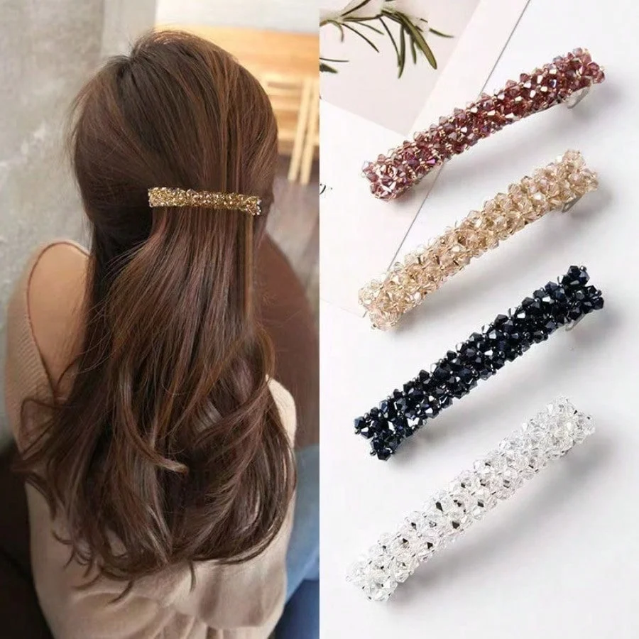 4-piece set of sparkling diamond crystal hair clips with spring mechanism, fishline braided edge,