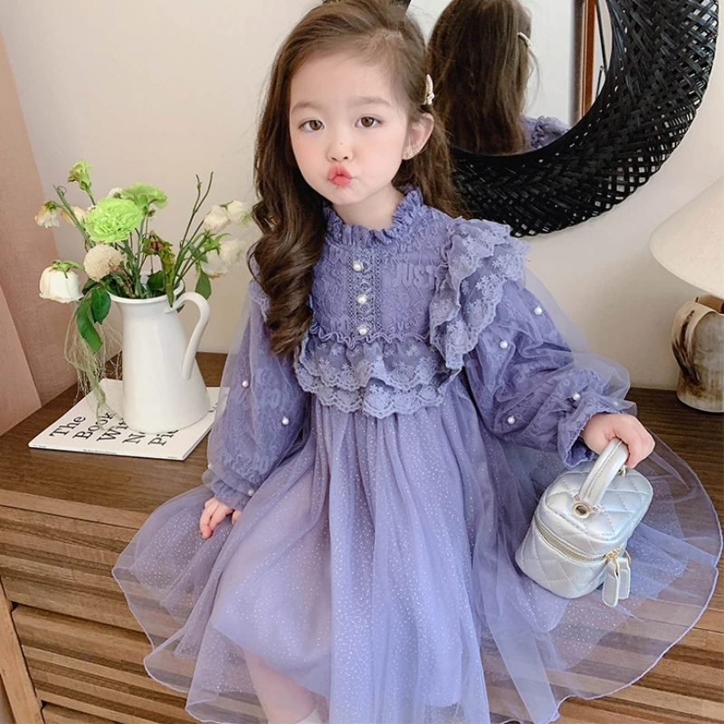 2025 Autumn Spring 2 3 4 6 8 10 12 Years Children Princess Ball Gown Party Long Sleeve Patchwork Lace Dress For Kids Baby Girls