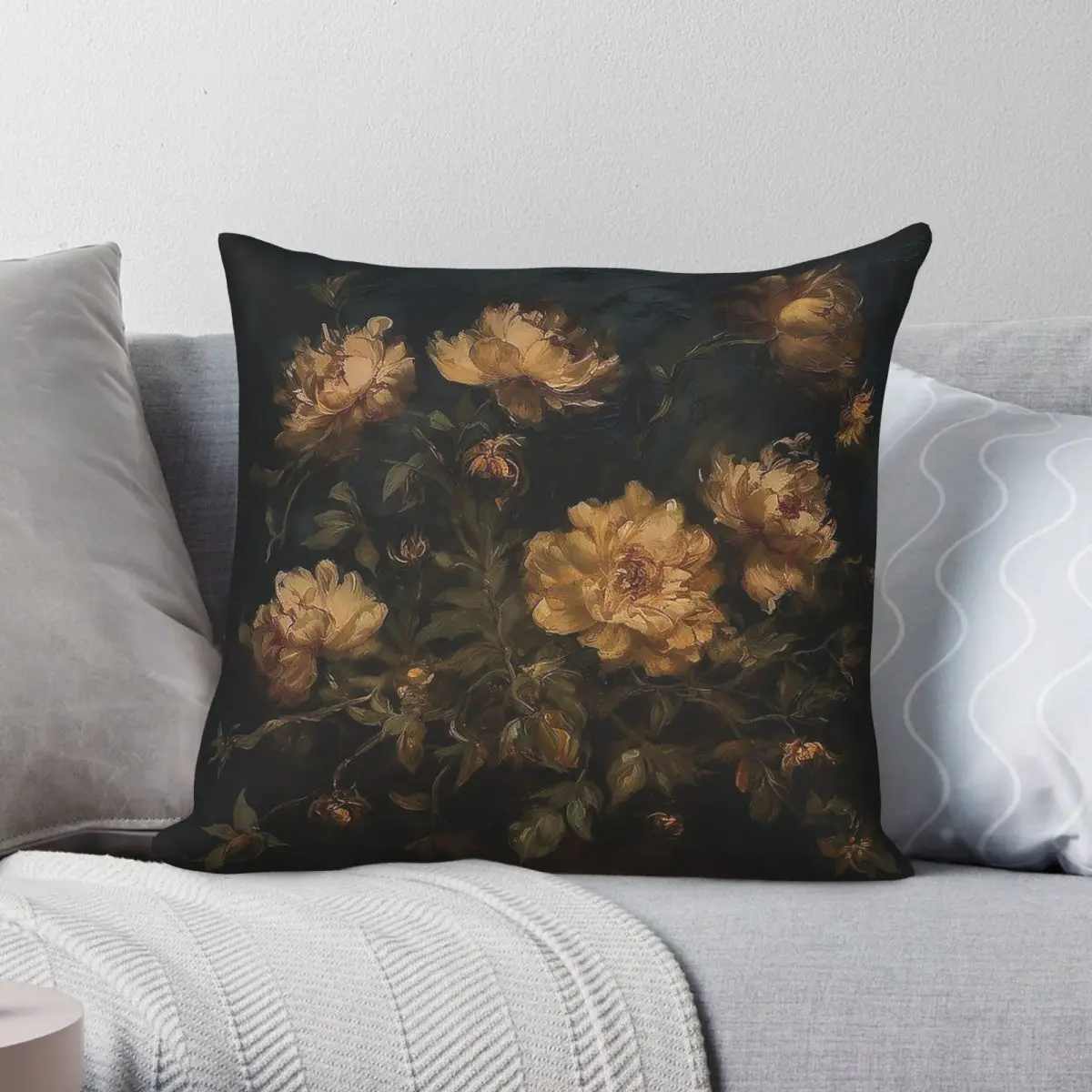 Golden Floral Botanical Moody Square Pillowcase Polyester Linen Velvet Printed Zip Decor Car Cushion Cover 45x45