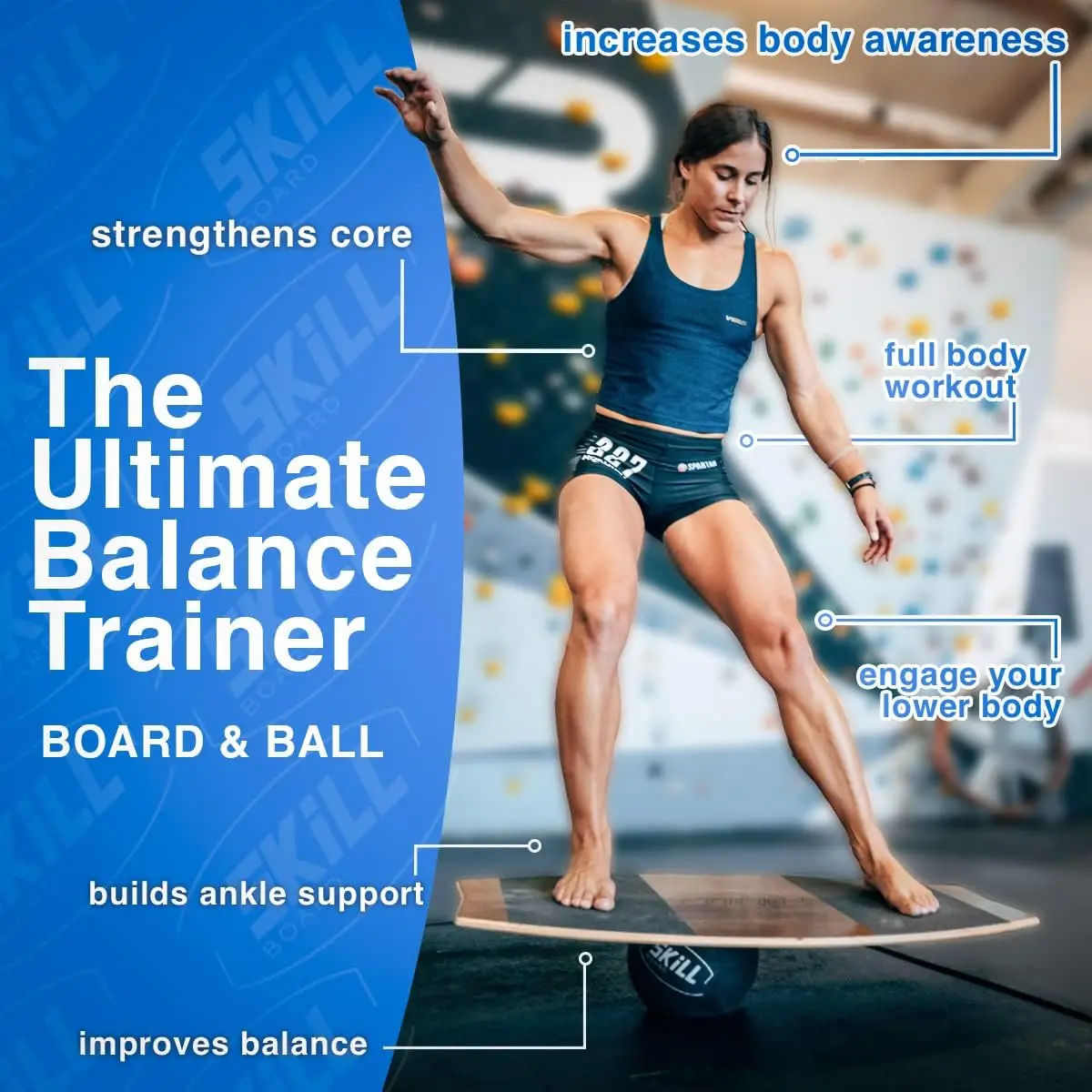 Wooden Balance Board for Adults for All Sports, Gym, Standing Desk, or Yard Games with Fitness Ball, Ball Pump, Grip Tape