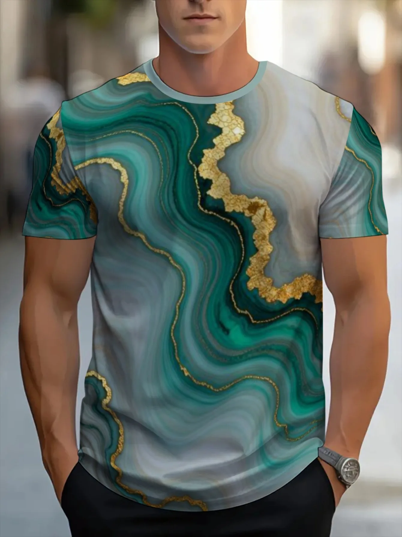 Men Teal Grey Gold Foil Agate Marble Liquid Swirl Full Print Crew Neck Short Sleeve Casual Tee
