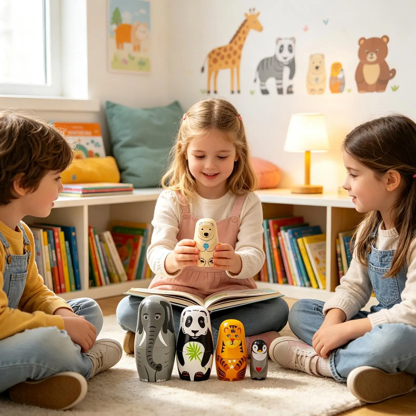 Nesting Dolls For Kids Wooden Cute Funny Russian Stackable Toys 5-Piece Animal Dolls Home Decor For Adults Kids Boys Girls