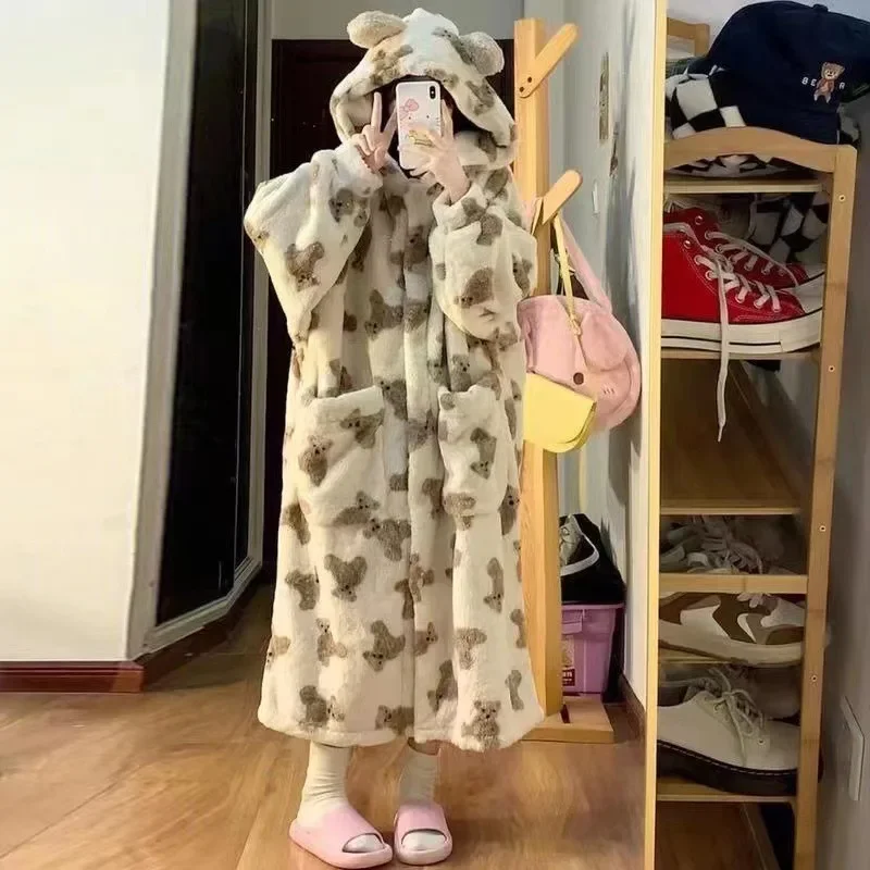 Winter New Women\'s Hooded Robe Thickened Flannel Warm Home Clothes Long Sleep Dress Cute Bear Soft Casual Fluffy Pyjamas Set