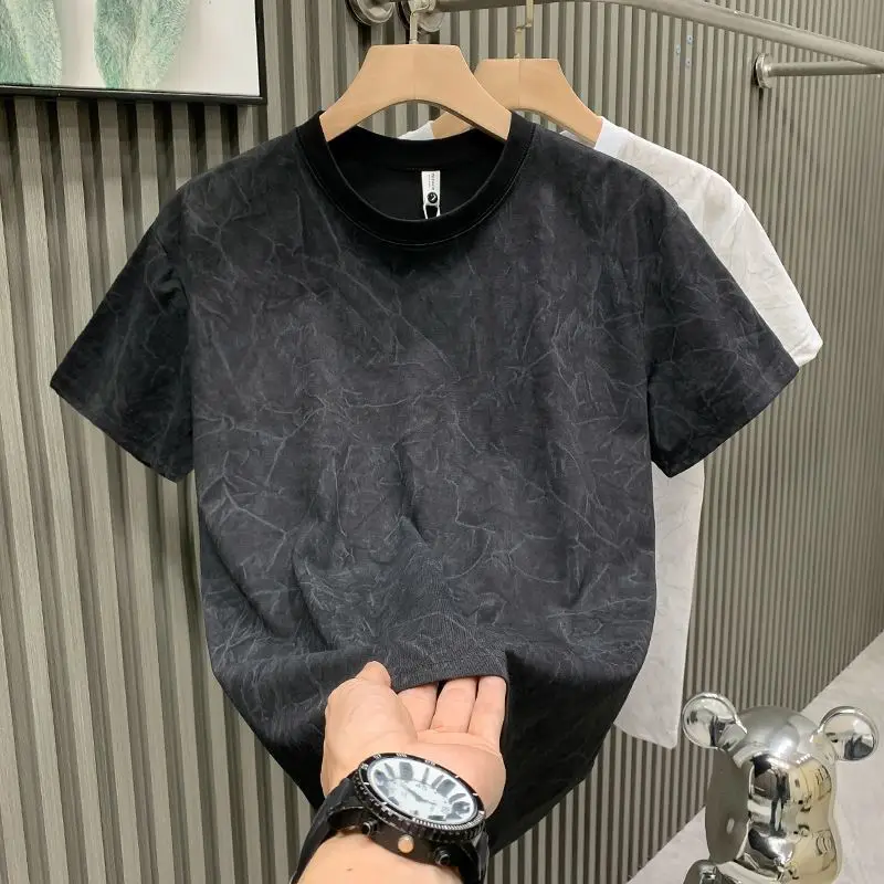 Niche Round Neck Light Luxury Men's T-shirt Short-sleeved Fashion Trendy Brand Messy Strip Print Youth T-shirt Trendy