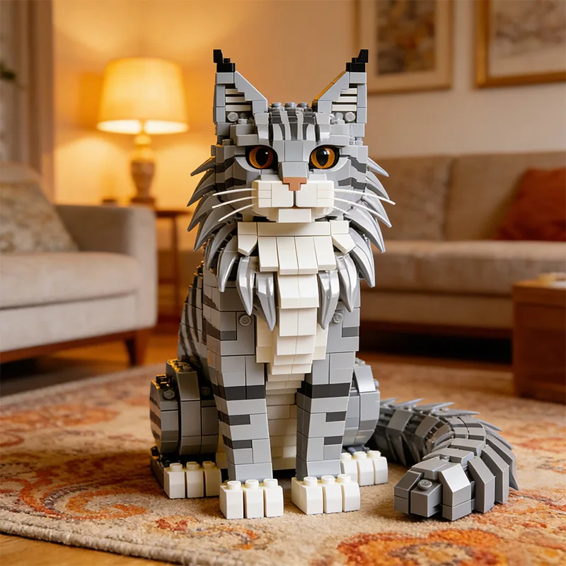 Lifelike Maine Coon Cat Building Kit DIY Puzzle Model Indoor Decoration Collection Present