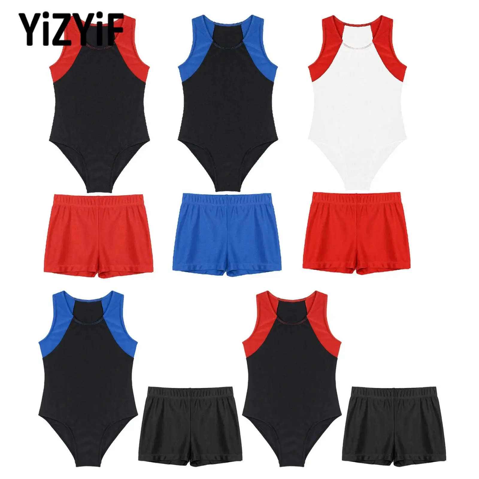 Sleeveless Gymnastic Yoga Workout Competition Fashion Costumes Outfits for Kids Boys Leotard Bodysuit Jumpsuit with Shorts Sets