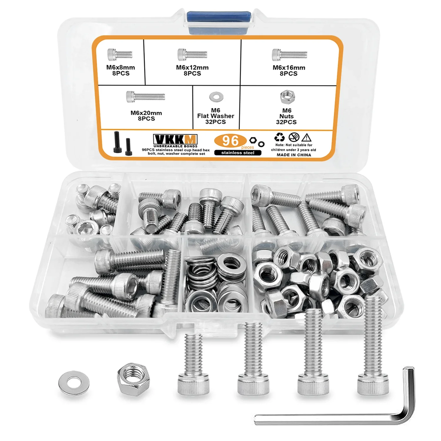 96PcsM6 Hexagonal Head Bolts and Nuts, M6 X8/12/16/20 Mm Stainless Steel Screw Set, Cup Head Screw with Hexagonal Wrench