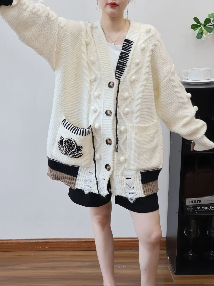 Suéter de punto blanco para mujer, Tops con costuras, moda urbana, cuello en V, manga larga, holgado, vaquero, bolsillo, cárdigan de retazos, prendas de punto Y2K