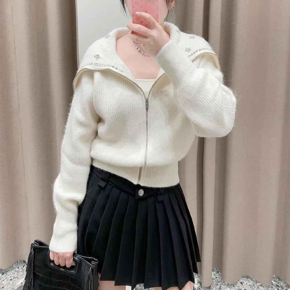 

Модное роскошное пальто из смешанного волокна с большим воротником и молнией, кардиган, осень-зима, Новое поступление, женская трикотажная одежда