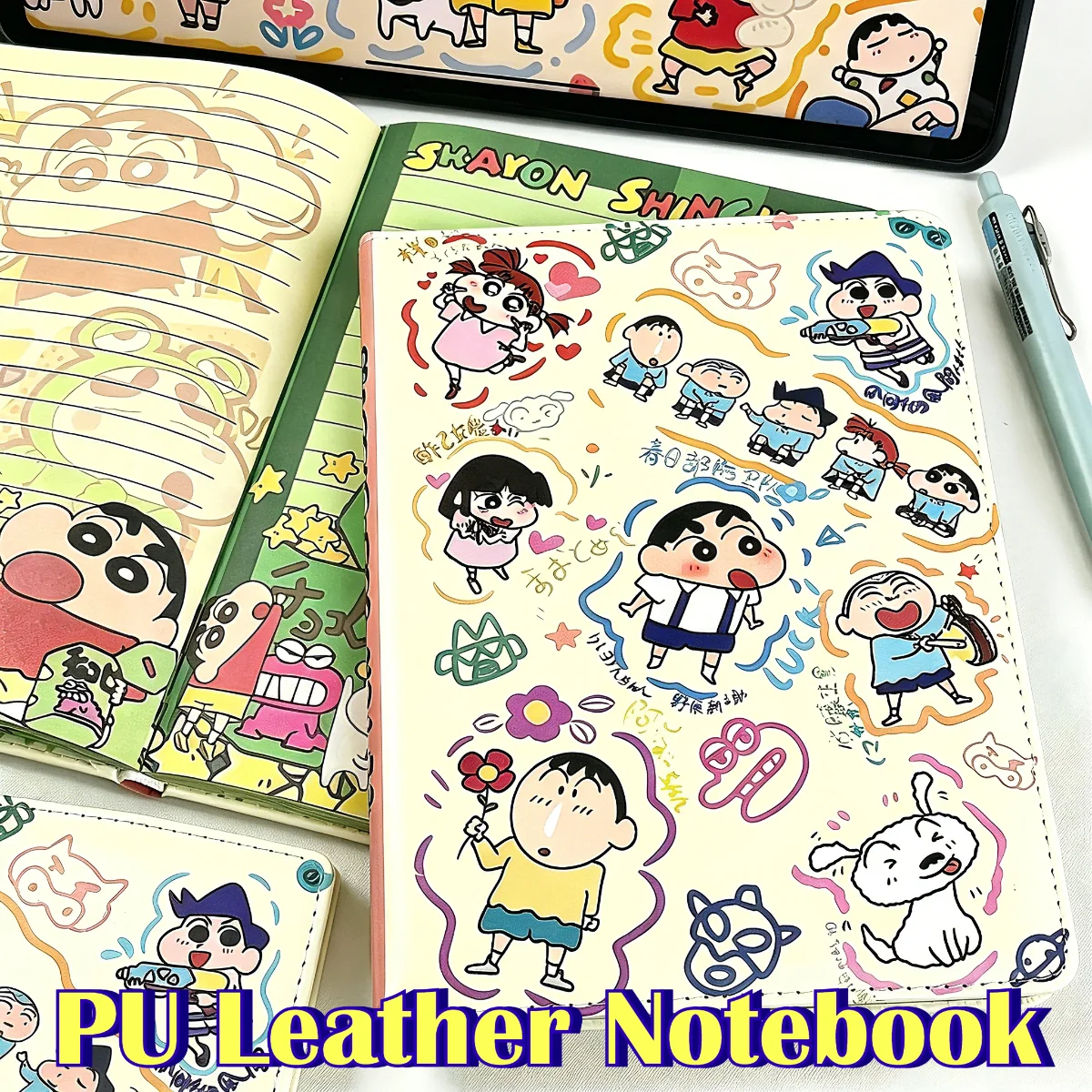 New Crayon Shin-chan A5 Pu Cortex Notebook Office School Supplies Full Color Page Leather Anime Book Student Notepad Diary Gift