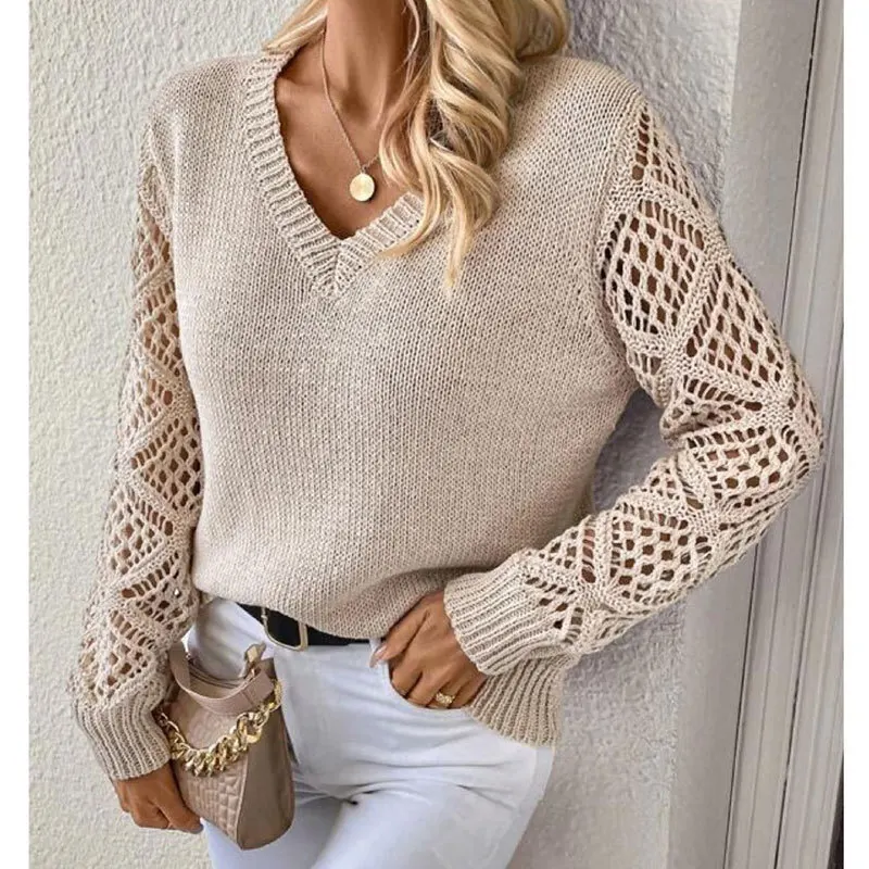 2025 New Lazy Style Women's Pullover Hollow Out Long Sleeve V Neck Knit Sweater Fashion Easy Match Top
