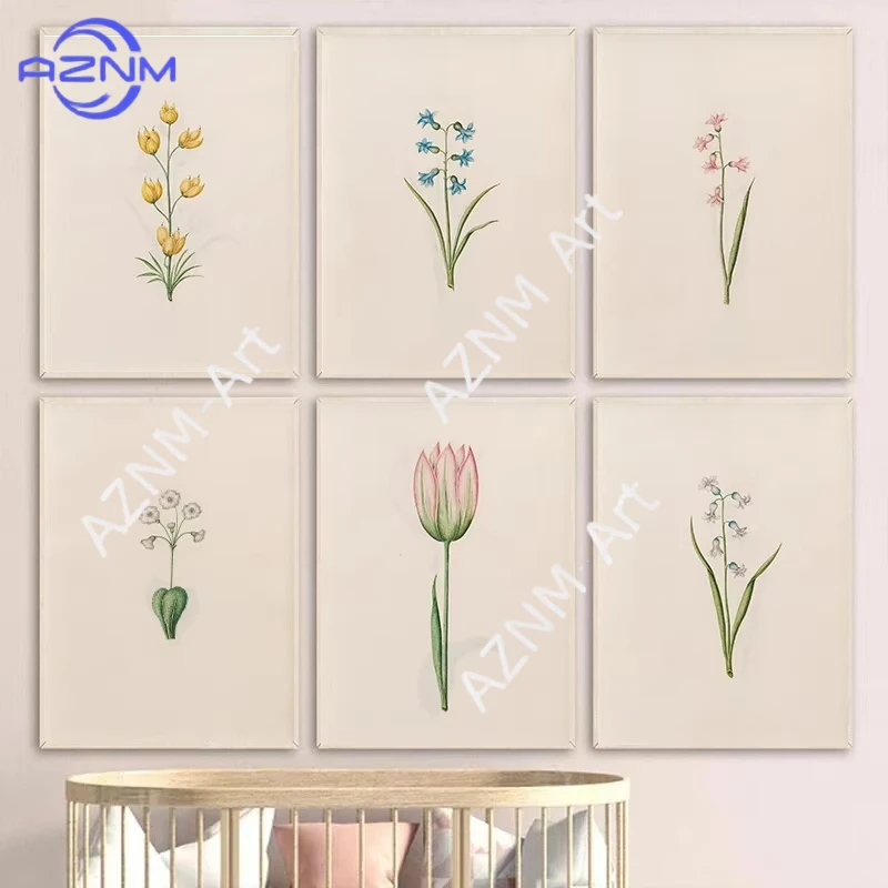1 Stück Vintage Frühlings-Blumen-Illustrationsposter, farbenfrohes Wildblumen-Botanik-Leinwandgemälde, Wandkunst, Kinderzimmer-Heimdekoration