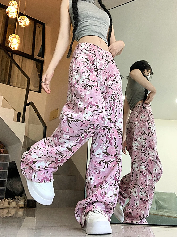 Women's Y2k Flower Pink Jeans Harajuku Denim Trousers Aesthetic Oversize Jean Pants Vintage Japanese 2000s Style Trashy Clothes