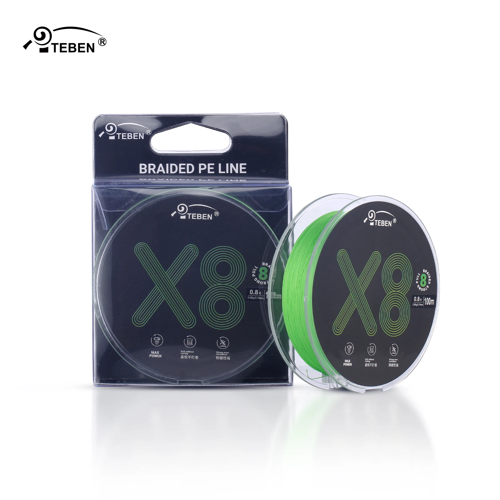 TEBEN 100m 8 Strands Braided Braided Sinking Fishing Line Strong Pull 16lb-70lb Smooth&Super  Wear-Resistant Waterproof Coating