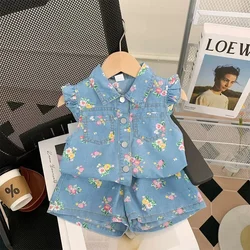 Summer Kid's Clothing Sets 3-7Y Girls Floral Print Petal Sleeves Lapel Shirt & Shorts 2Pcs Suit Childrens Imitation Denim Outfit
