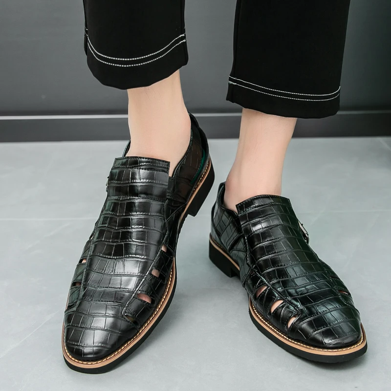 Men Leather Business Sandals Breathable Closed Toe Casual Dress Shoes Buckle Strap Summer Office Formal Sandals Plus Size 38-46
