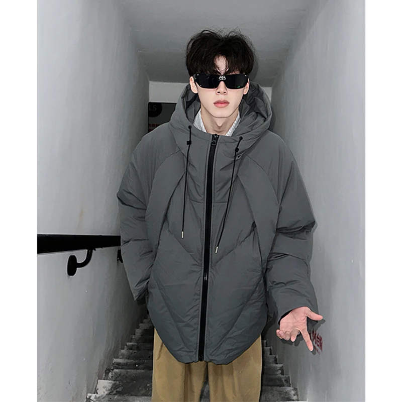 

Retro American ey down Cotton Jaet Men's Thiened Winter Coat Warm Anti-Cold Hooded Outerwear Youth Trendy Zipper Closure
