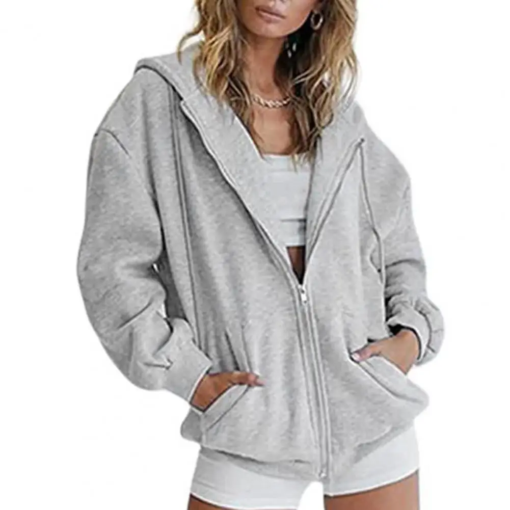 

Drawstring Hooded Coat Stylish Women's Hooded Cardigan Jacket Warm Loose Fit with Mid-length Zip-up Closure Soft for Fall/winter