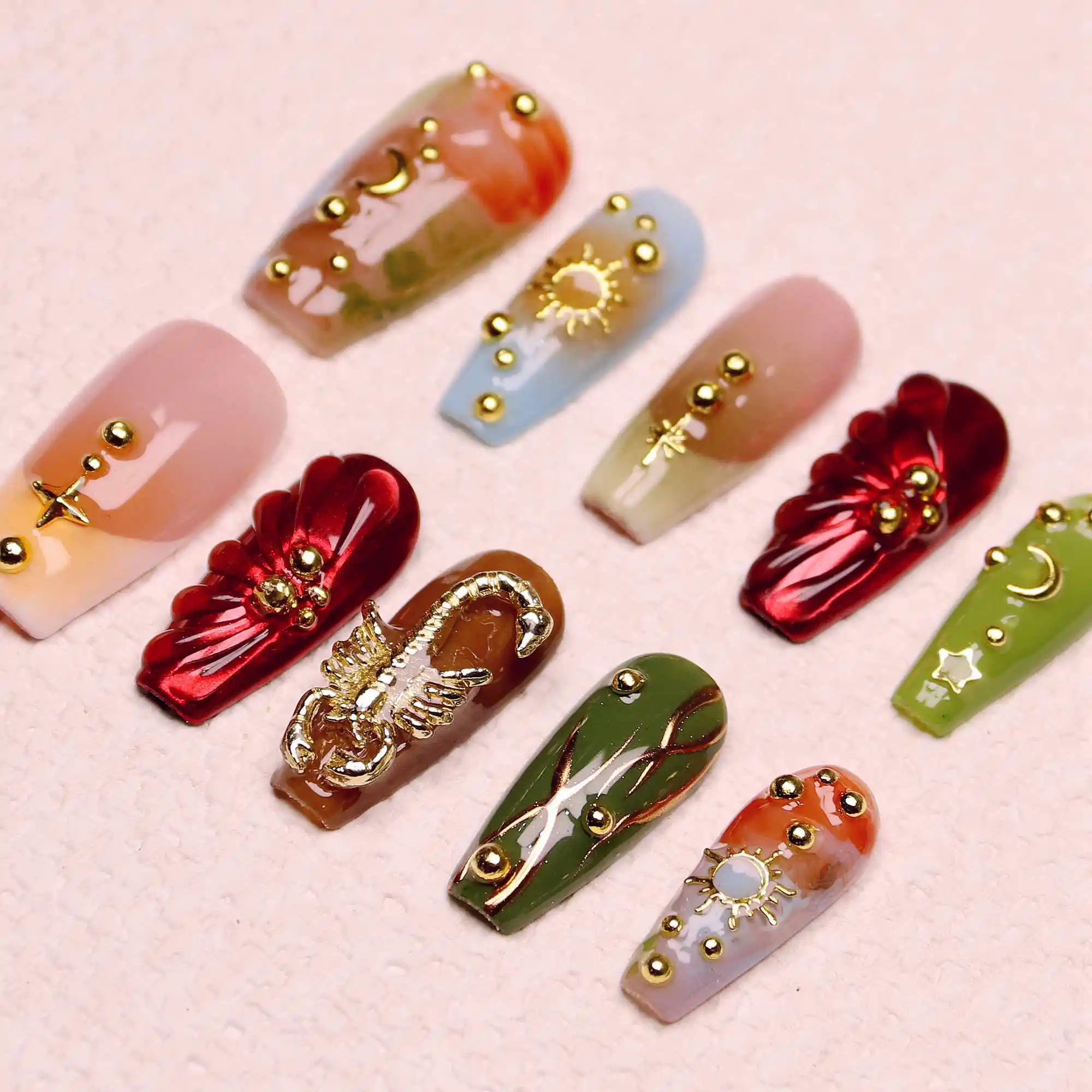 10Pcs 10Pcs Unique 3D Gel Chrome Medium Coffin Press on nails,Custom hand painted Design Nail Art,Fake Nail for Birthday Holiday