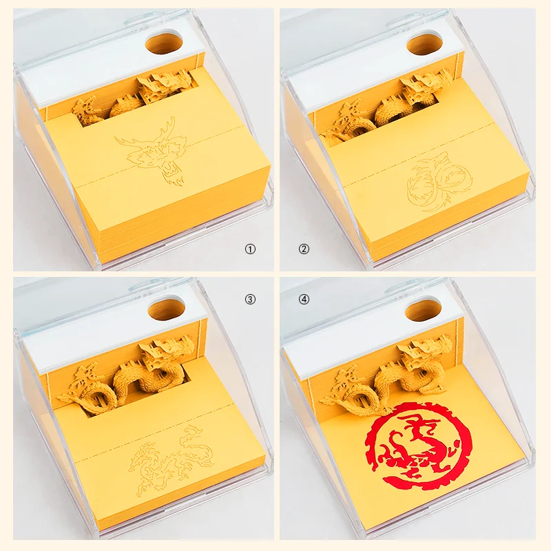 155 Sheets Omoshiroi Block Mini Notepad Cubes Creative 3D Luck Dragon Model Yellow Sticky Note Cubes With Pen Hole Gifts For Boy