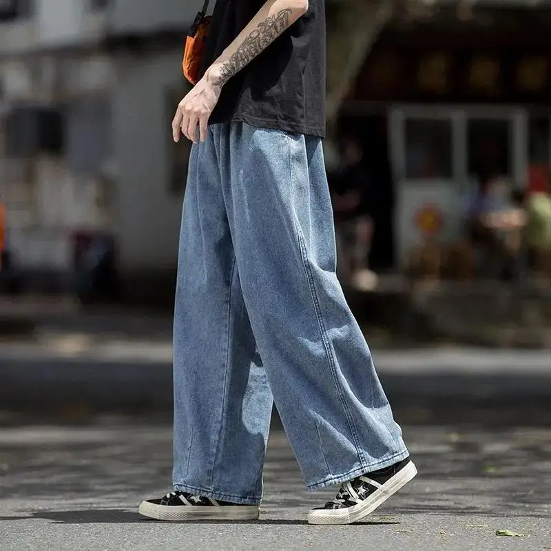 Men Wide Leg Jeans Loose Straight Floor Length Denim Pants Autumn Winter Casual Trousers Vintage Baggy Long Bottoms Streetwear