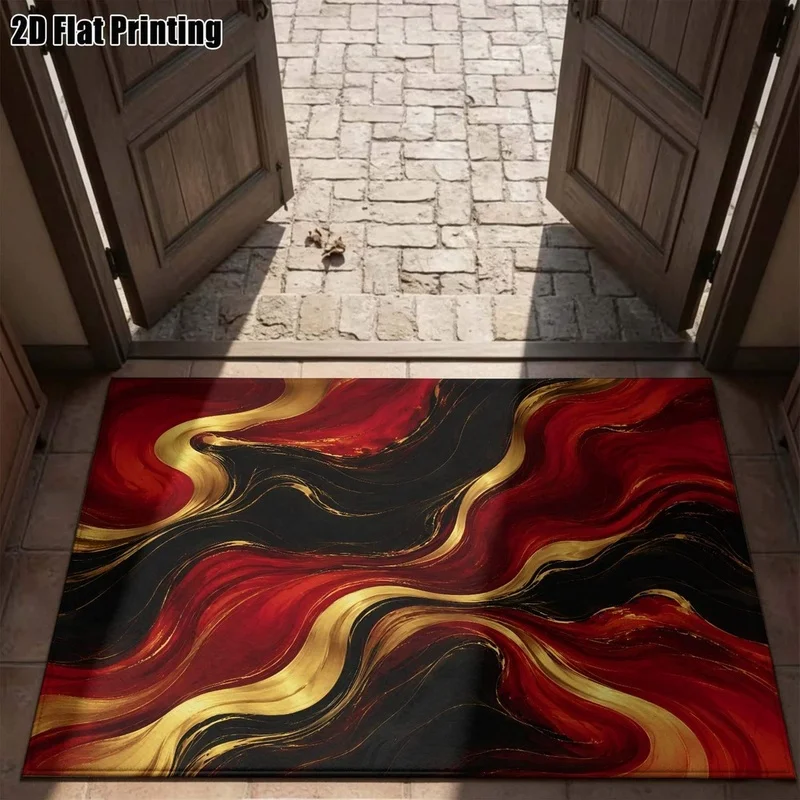 1Pc Light Luxury Black Gold Abstract Fluid Rug, Bohemian Style Decorative Rug for Living Room, Bedroom, Dining Room, Bedside, Indoor and Outdoor Patio, Home Decor Accessories