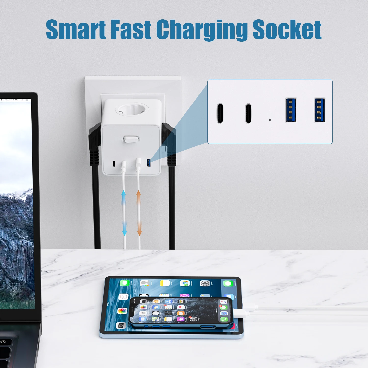 EU Plug Cube Power Wall Socket with 4 AC Outlets + 2 USB and 2 Type C Fast Charging Ports Multi-Contact Power Adaptor Extender