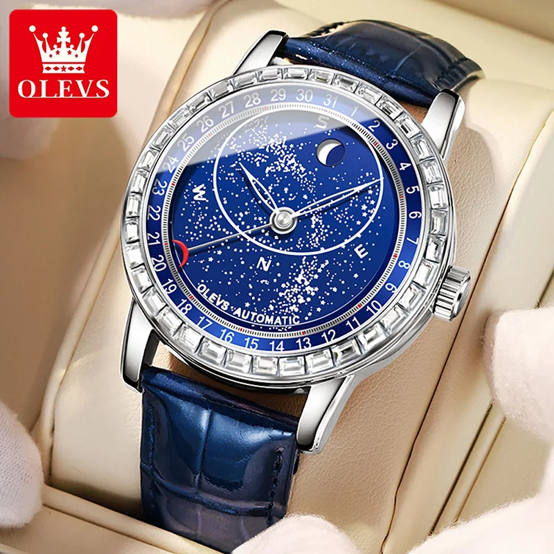 

OLEVS Star Mechanical Men Watch Luxury Diamond Case 2024 New Mens Watches Top Brand Luxury Clock Luminous Hands Reloj Hombre