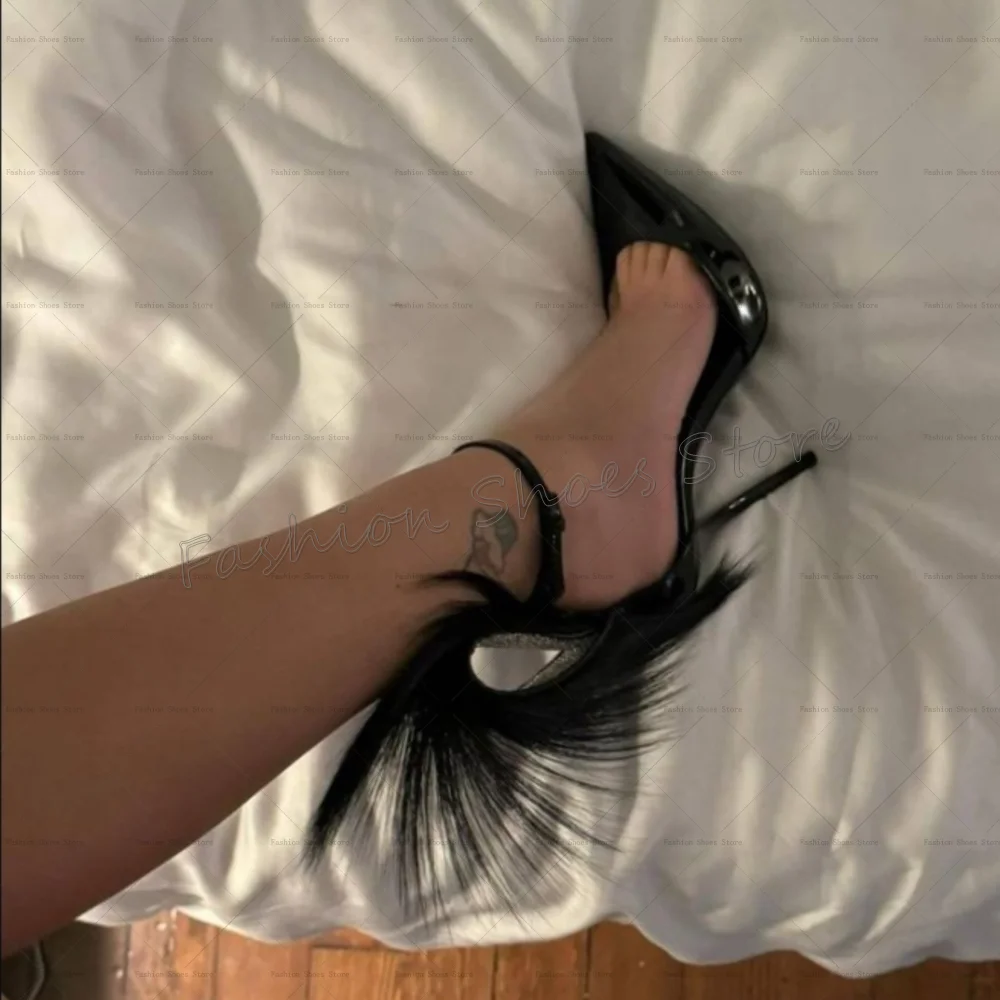 

Black Fur Decor Pointed Toe Sandals Patent leather Women Shoes Stilettos High Heels Party Banquet Dating 2025 Zapatos Para Mujer