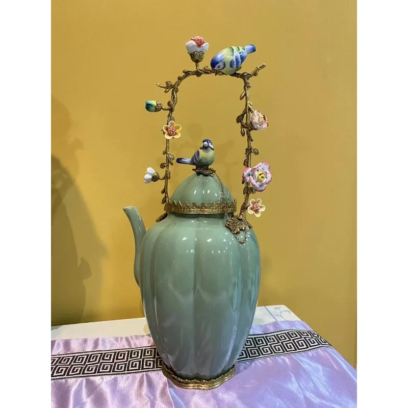 Teahouse Teapot Decoration Blue and White Porcelain Inlaid Copper Teapot American Hand-painted Magpie Bird Coffee Pot