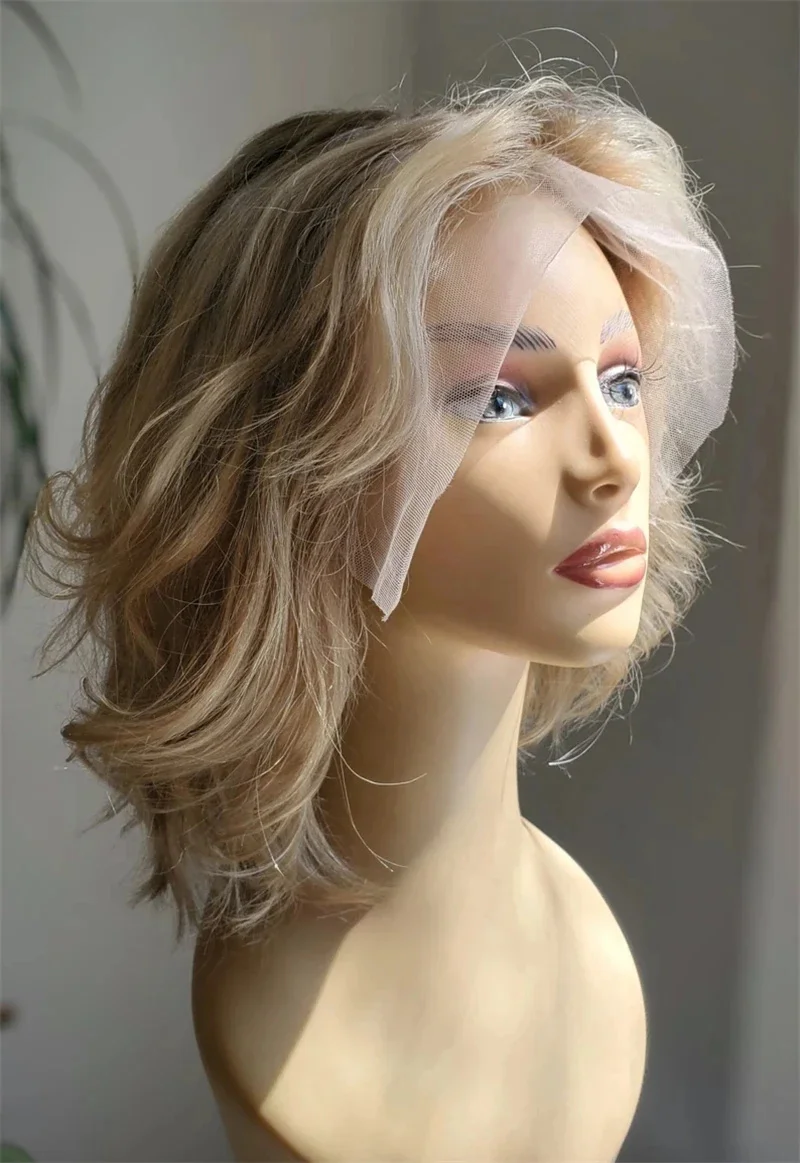 13x4 Lace Front Wig Short Wavy Bob Wig for Women Blonde Highlights Glueless HD Lace  Wig Pre Plucked Middle Part Syntheic Hair