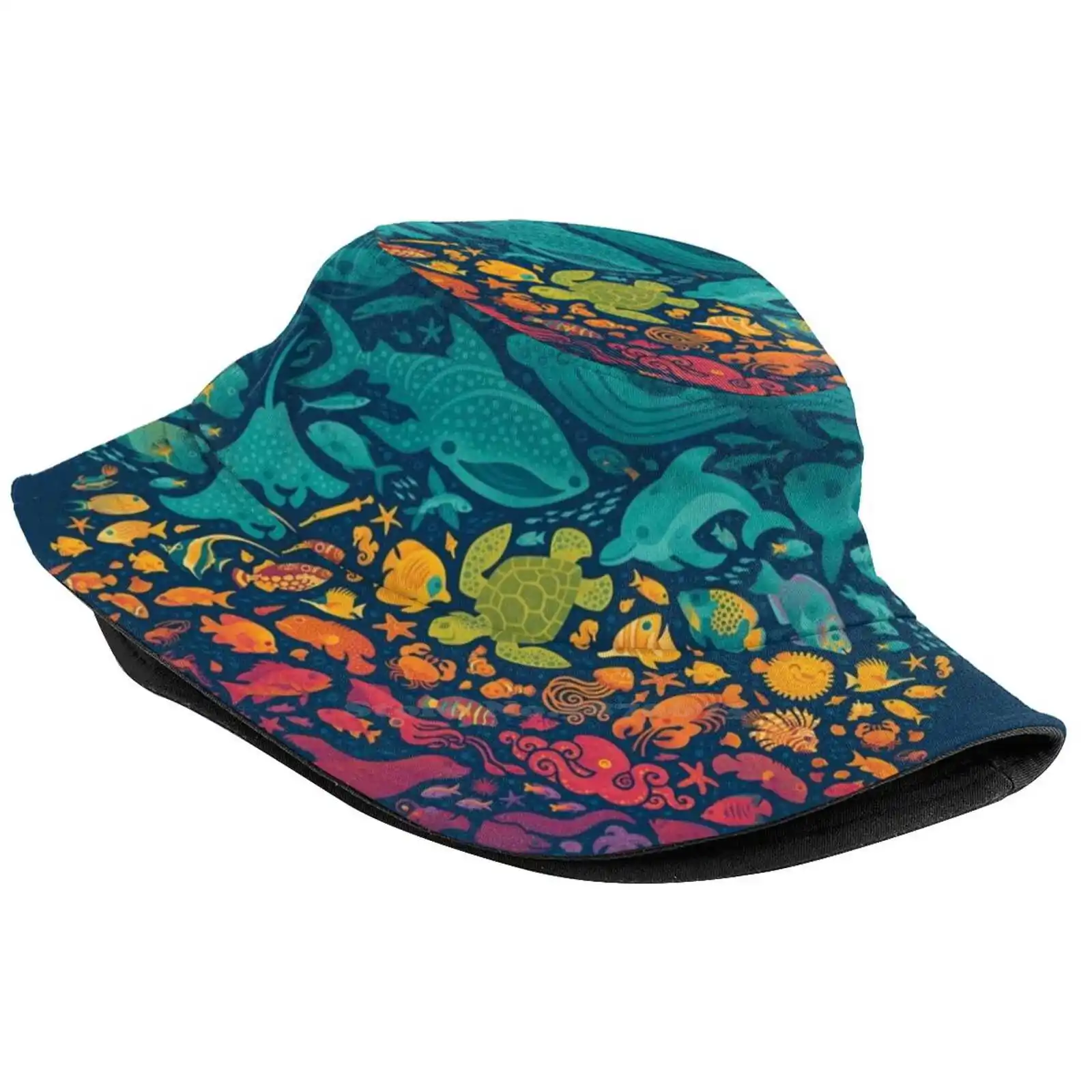 Aquatic Spectrum 2 Pattern Design Printed Travel Bucket Hats Sea Creatures Animals Ocean Cartoon Cute Colourful Rainbow