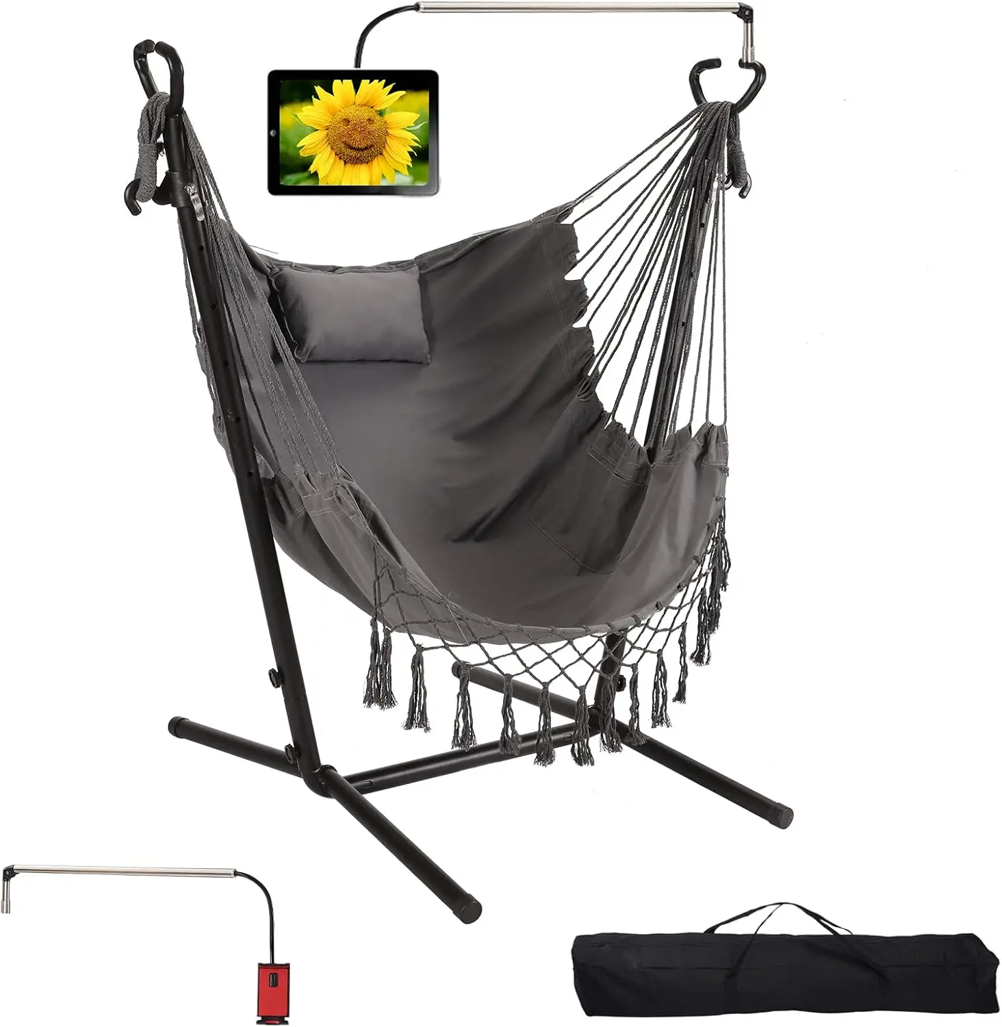 2022 Grey Macrame Hammock with Stand and Phone Holder, 400lbs Capacity for Indoor/Outdoor Use like Patio, Yard, Garden, Porch