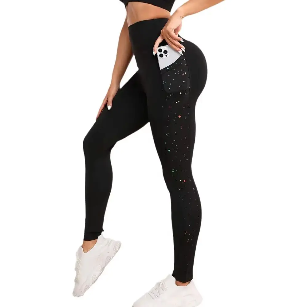 Women High Waist Glitter Star Print Leggings with Side Pocket Stretch Slim Fitness Yoga Pants Running Workout Sports Tights