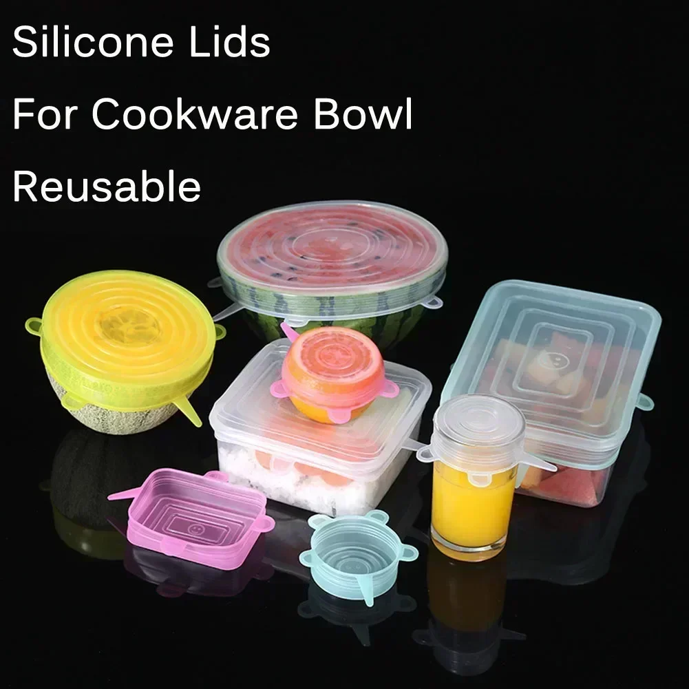 6pcs Housewares Kitchen Storage Organization Can Lids Universal Silicone Lid for Cookware Bowls Reusable Stretch Cover & Food