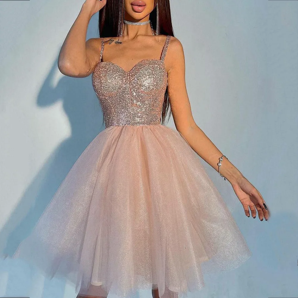 

Sexy Tulle Spaghetti Strap Homecoming Dress A-Line Short Cocktail Dress Flare Sleeve Sequined Party Dress 2025 Free Customized