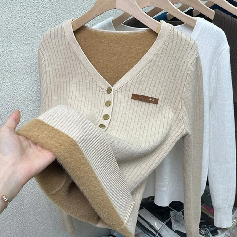 

MEXZT Fleece Sweater Women Fashion V Neck Knitted Pullovers Korean Black Velvet Thicken Knitwear Winter Long Sleeve Slim Jumpers