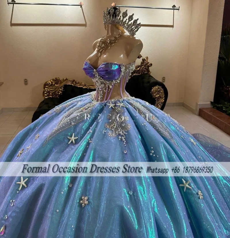 Ocean Themed Princess Quinceanera Dresses Pearls Beading Prom Gowns Sweet 16 Dress Corset vestidos de XV quinceañera Customsized