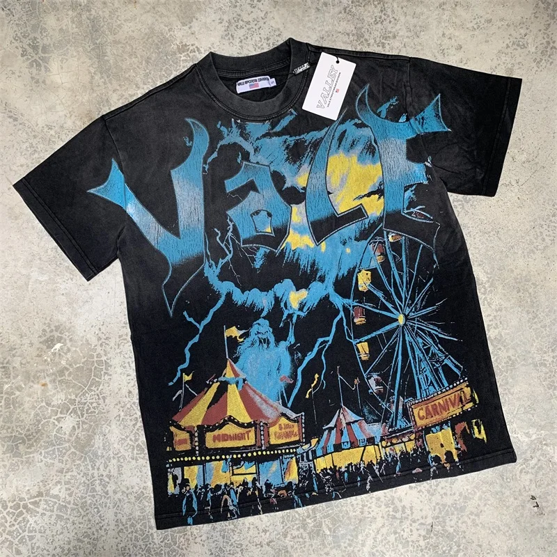 

Oversized Vale Men’s Tee Blue Graffiti Print American Streetwear Heavy Fabric Wash Black Women VALLEY T-Shirts