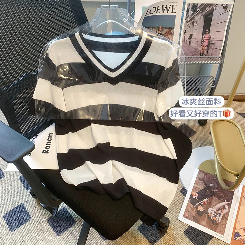 New 2023 Basic Korean Style Fashionable Striped Lady Women's Spring Summer Knitting Ice Silk V-neck Oversized T-shirt Casual Top