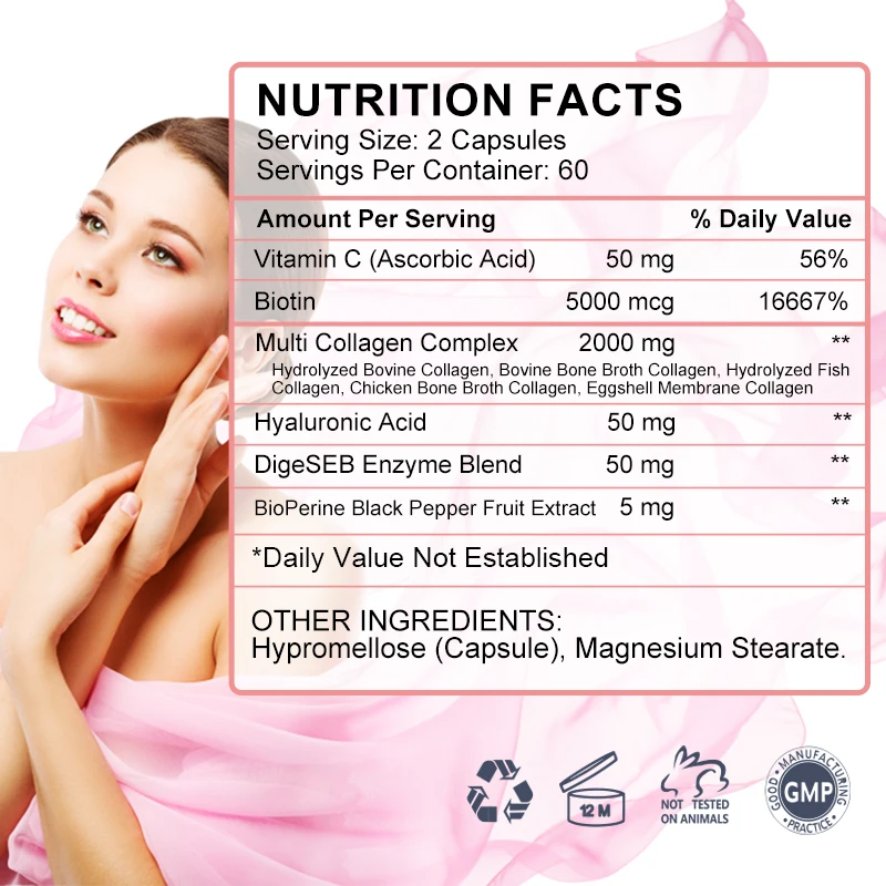 Multi Collagen Capsules Vitamin C Whitening Skin  Care Anti-aging Biotin Type I II III VX Hydrolyzed Collagen Supplemen