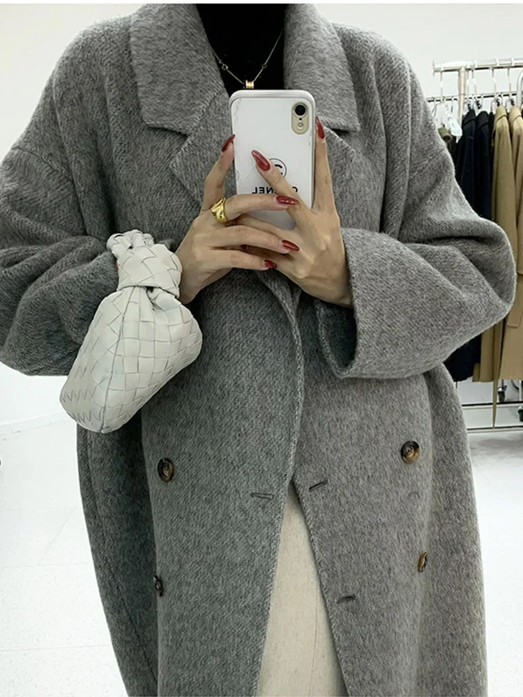 

New Women High Quality Alpaca Double-sided Wool Coat Loose Lapel Long Sleeve Fashion Lace-up Natural Woolen Jacket Autumn Winter