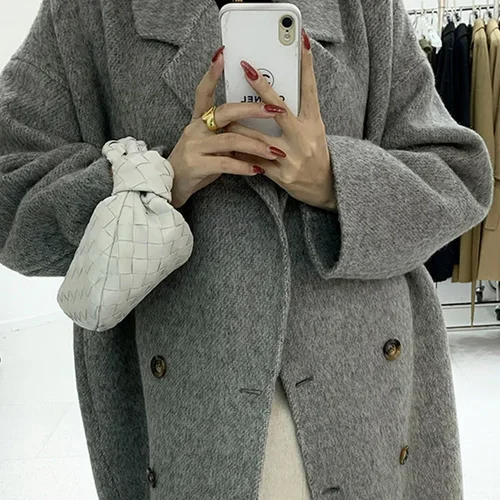 여성용 고품질 알파카 양면 울 코트, 루즈 라펠, 긴팔, 레이스 업, 천연 모직 재킷, 가을 겨울 패션, 신상