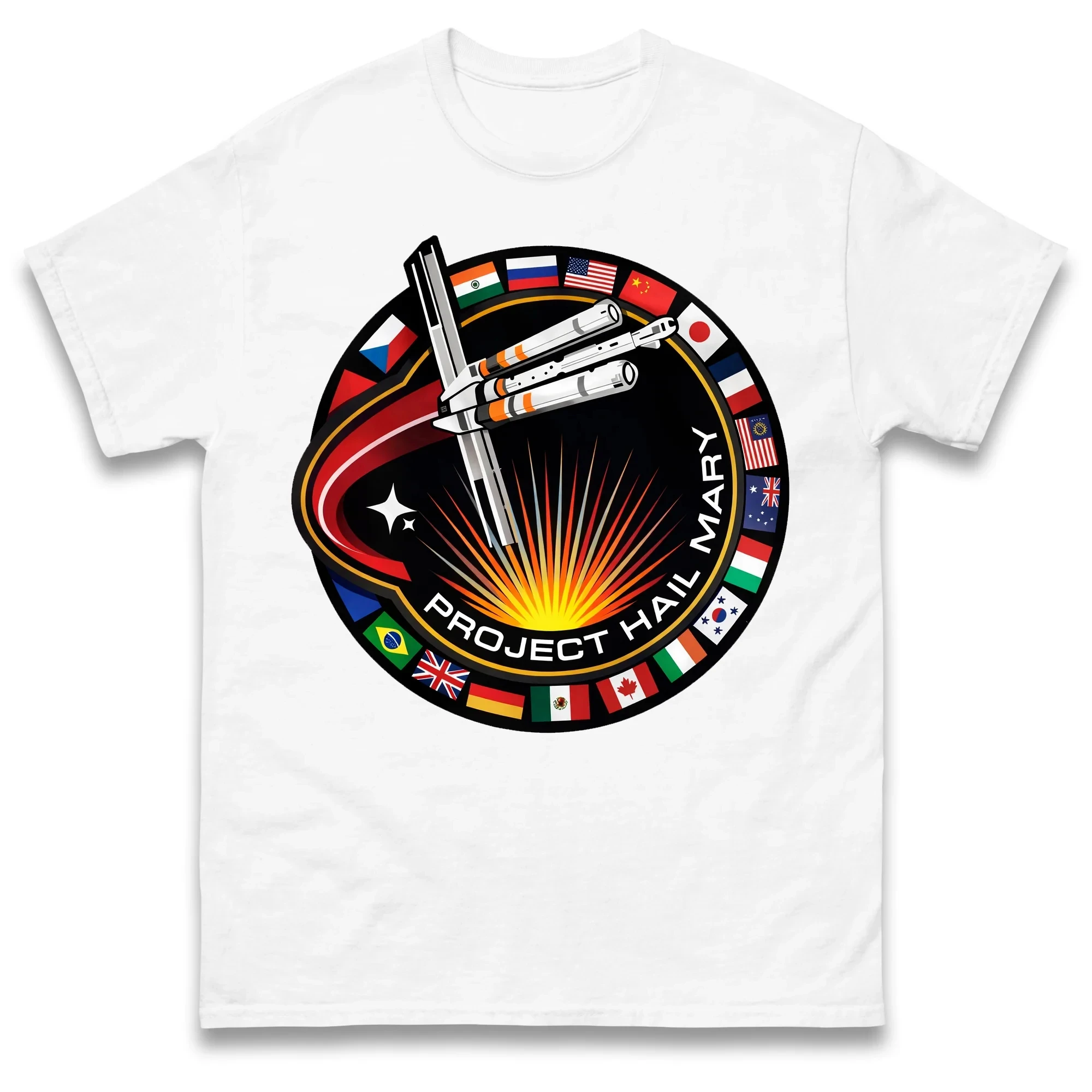 Project Hail Mary Spaceship with Nation Flags Mission Patch Unisex Shirt 2026 Summer Fashion Y2k Short Sleeve Tshirt