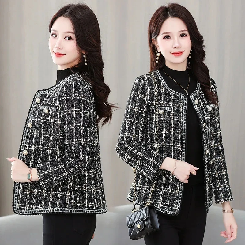 Spring Autumn Women's Small Fragrance Jacket 2025 New Lattice Single Breasted Tweed Short Blazer Basic Coat Female Outerwear 5XL