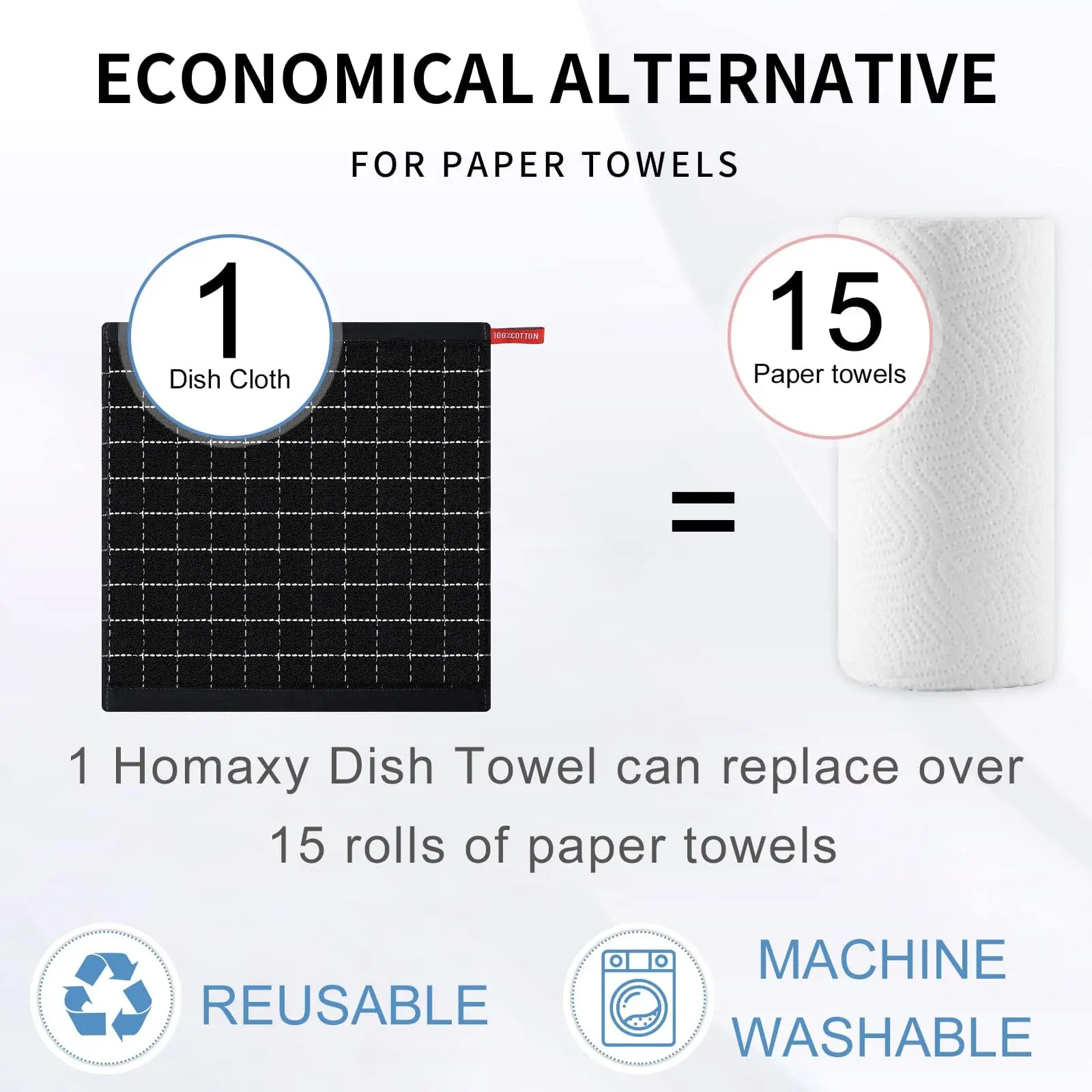 Homaxy 100% Cotton Terry Kitchen Towels Dish Cloths Checkered Designed Super Soft Absorbent Dish Towels 8 Pack Black Dish Cloths